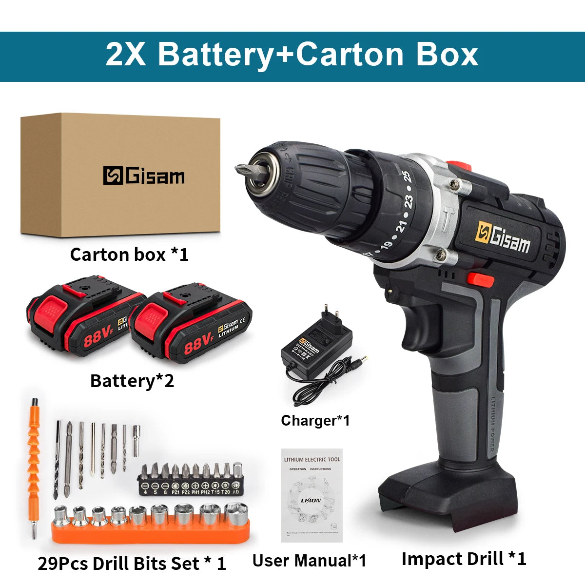 21V Cordless Drill Driver Set – Electric Screwdriver, Impact Function, 2-Speed, Rechargeable Lithium-Ion Battery for DIY & Home Use