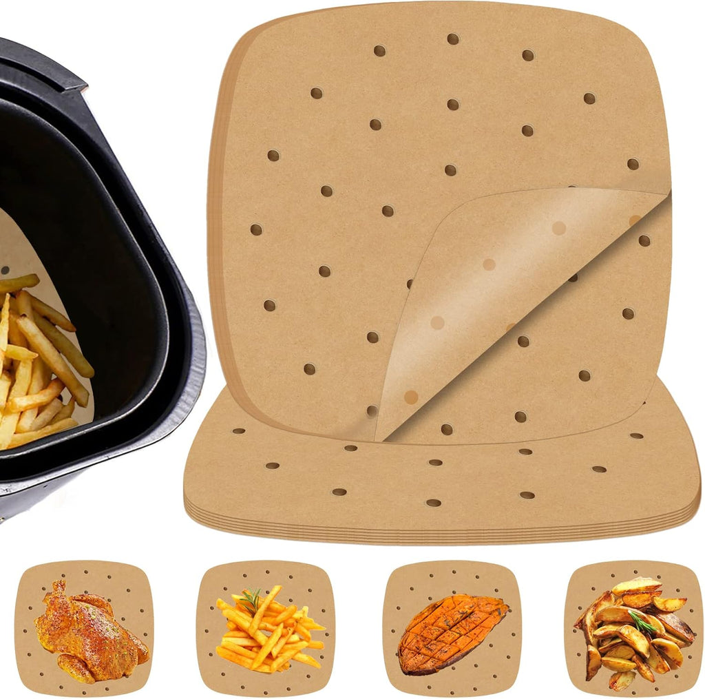 100 Pcs Air Fryer Liners Disposable Parchment Paper, 8 Inch Perforated Airfryer Sheets for Baking, Square Unbleached Non-Stick Steamer Liner for Oven, Microwave, Steaming Basket