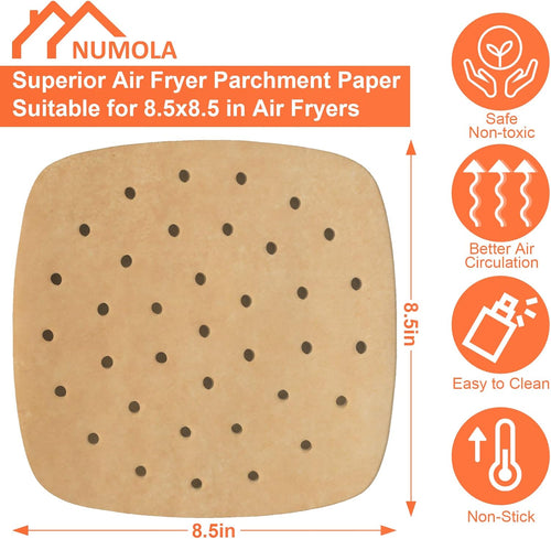 100 Pcs Air Fryer Liners Disposable Parchment Paper, 8 Inch Perforated Airfryer Sheets for Baking, Square Unbleached Non-Stick Steamer Liner for Oven, Microwave, Steaming Basket