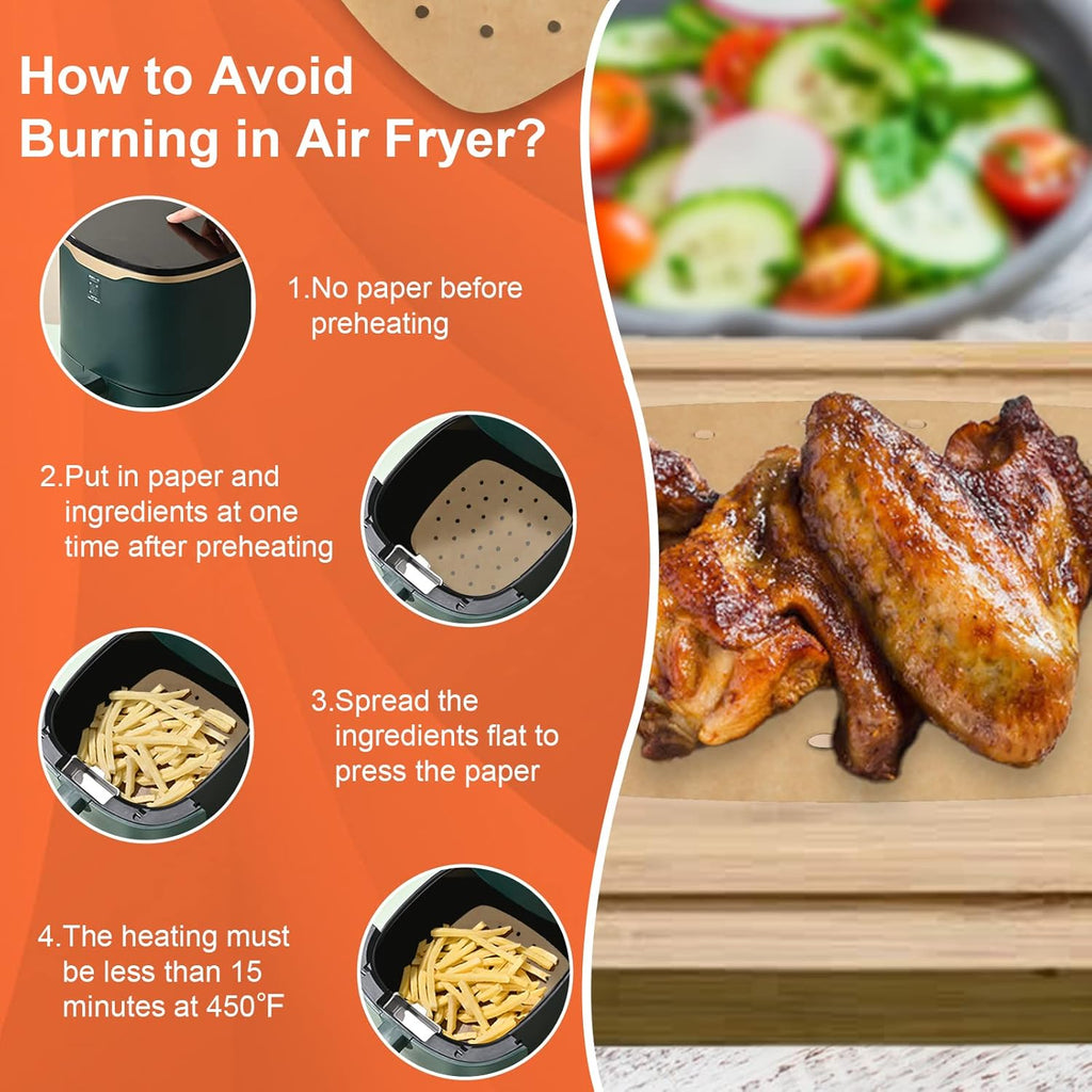 100 Pcs Air Fryer Liners Disposable Parchment Paper, 8 Inch Perforated Airfryer Sheets for Baking, Square Unbleached Non-Stick Steamer Liner for Oven, Microwave, Steaming Basket