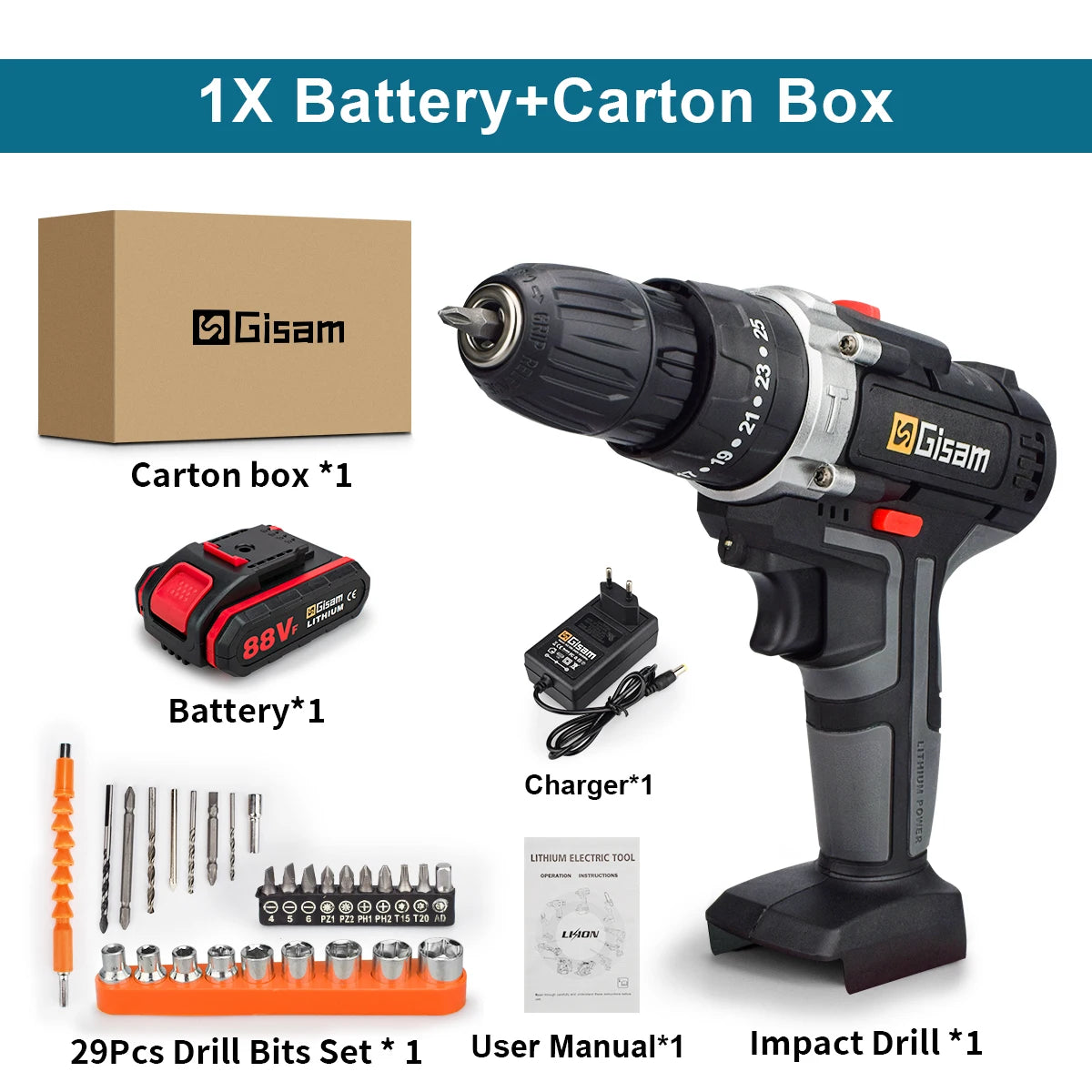 21V Cordless Drill Driver Set – Electric Screwdriver, Impact Function, 2-Speed, Rechargeable Lithium-Ion Battery for DIY & Home Use