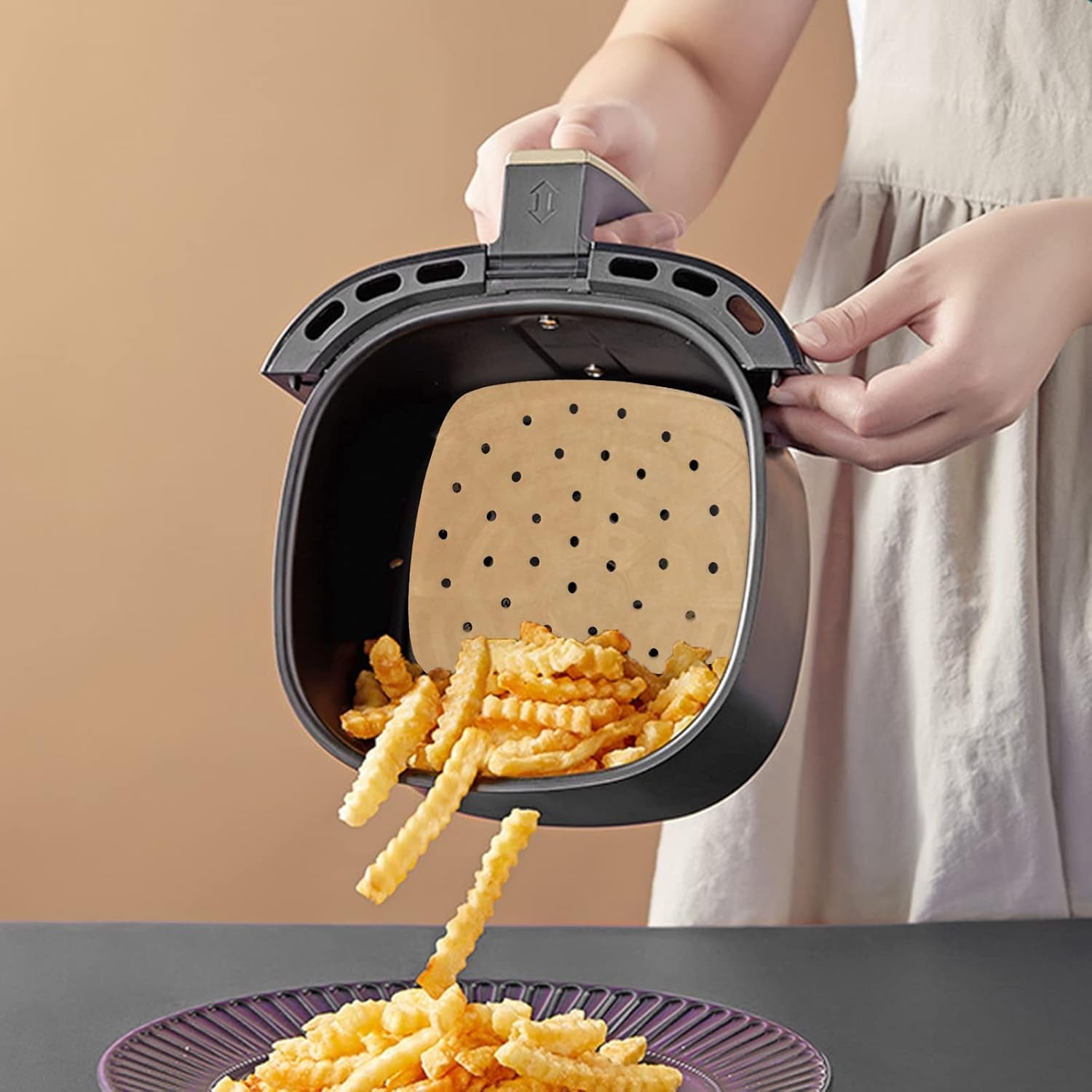 100 Pcs Air Fryer Liners Disposable Parchment Paper, 8 Inch Perforated Airfryer Sheets for Baking, Square Unbleached Non-Stick Steamer Liner for Oven, Microwave, Steaming Basket