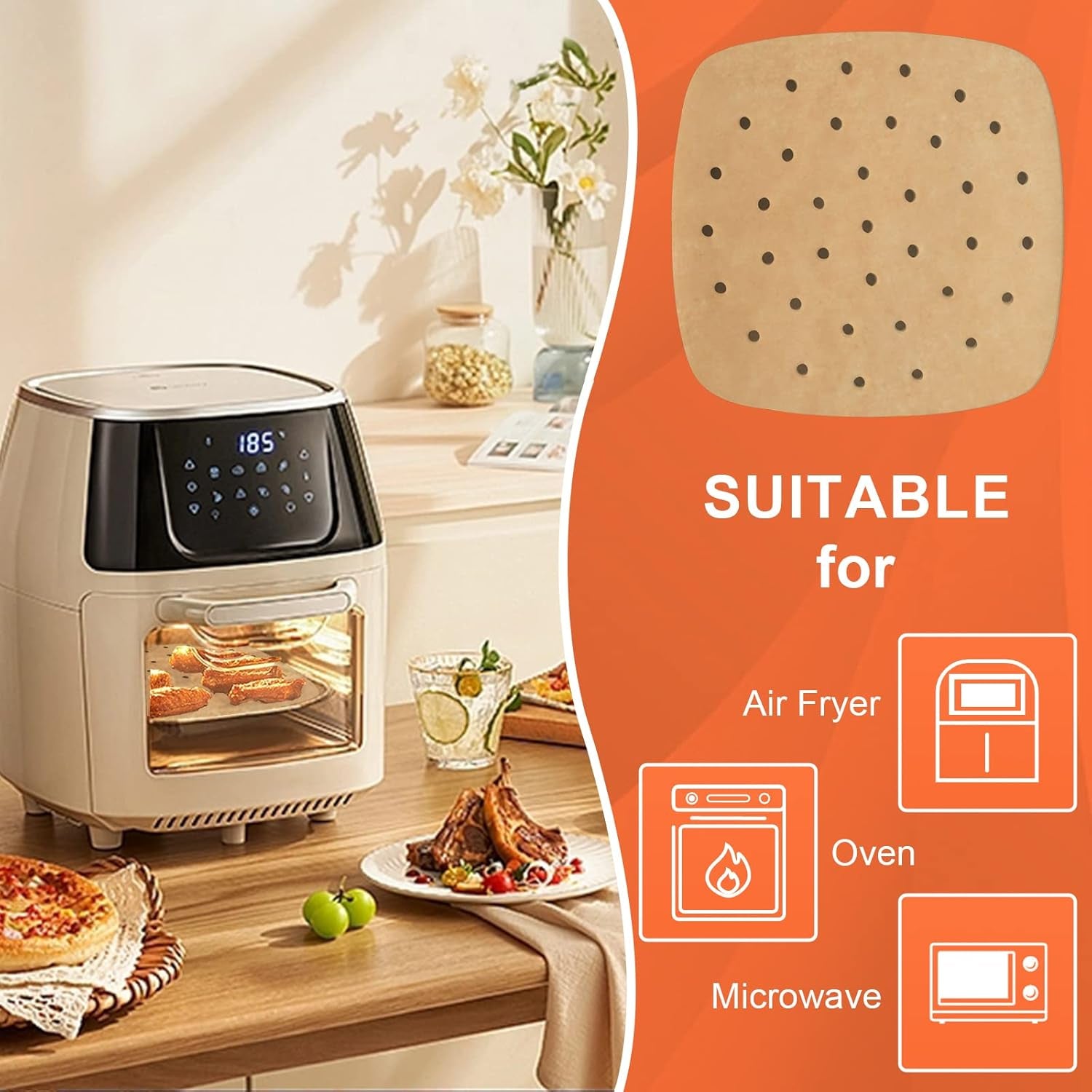 100 Pcs Air Fryer Liners Disposable Parchment Paper, 8 Inch Perforated Airfryer Sheets for Baking, Square Unbleached Non-Stick Steamer Liner for Oven, Microwave, Steaming Basket