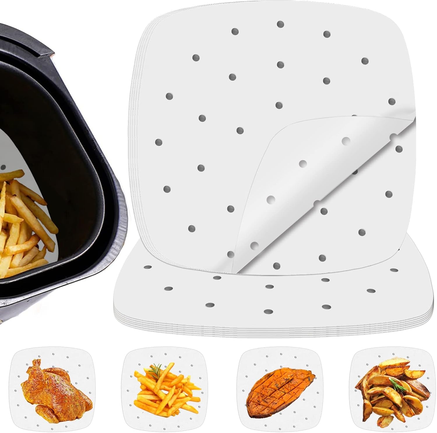 100 Pcs Air Fryer Liners Disposable Parchment Paper, 8 Inch Perforated Airfryer Sheets for Baking, Square Unbleached Non-Stick Steamer Liner for Oven, Microwave, Steaming Basket